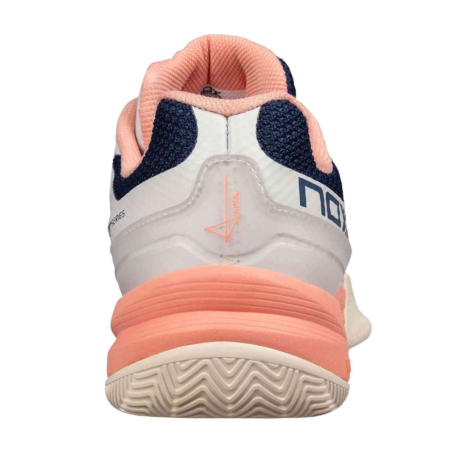 Rear view of Nox AT10 Pro Calat10gati Coral Women's padel shoe showing cushioned coral heel and stability design.