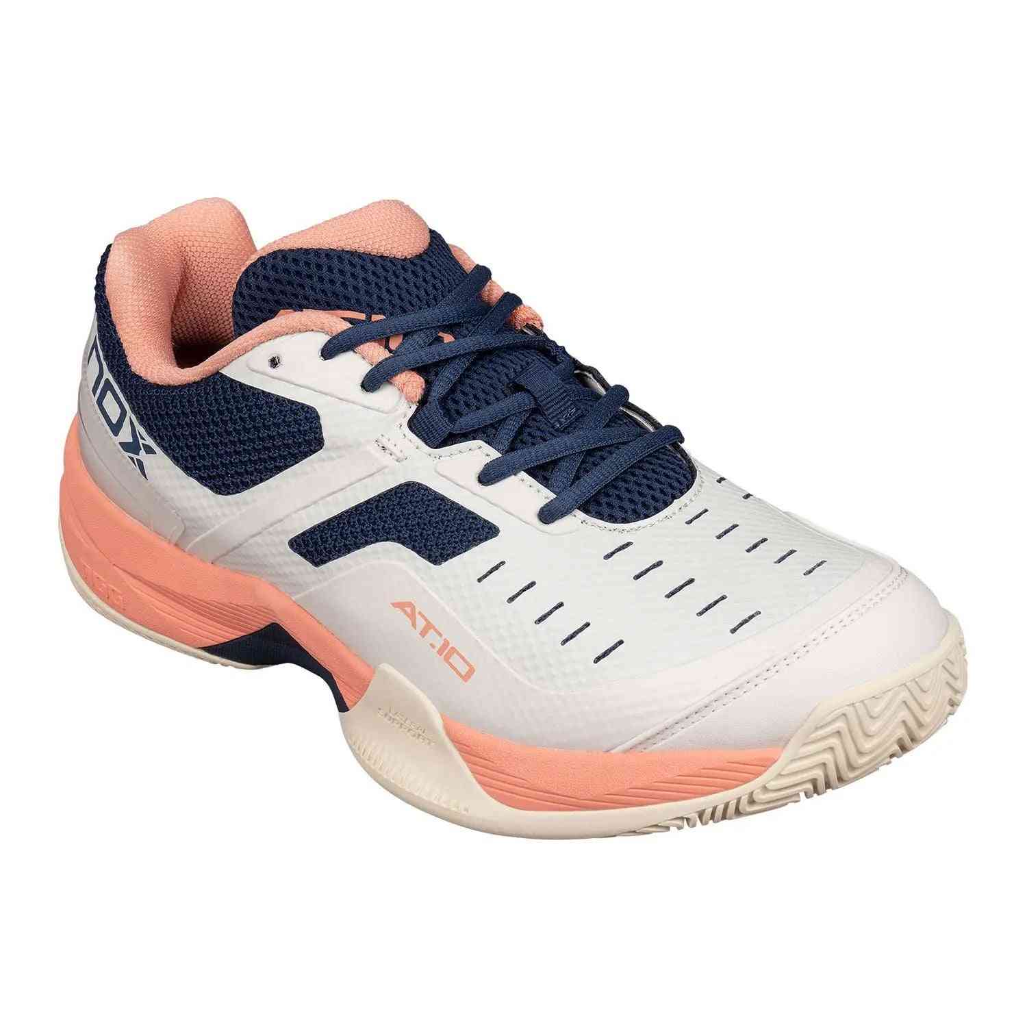 Angled view of Nox AT10 Pro Calat10gati Coral Women's shoe highlighting breathable mesh, reinforced toe, and stylish colorway.