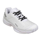 Angled front view of Nox AT10 Pro Calat10white White padel shoe featuring reinforced toe and cushioned sole for comfort and durability.
