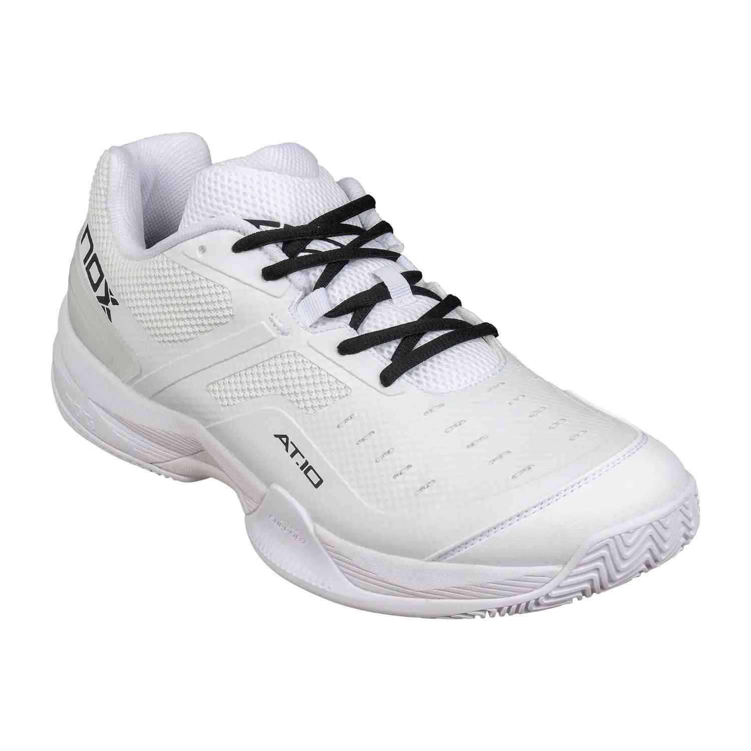 Angled front view of Nox AT10 Pro Calat10white White padel shoe featuring reinforced toe and cushioned sole for comfort and durability.