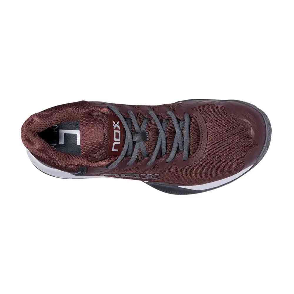 Top view of Nox ML10 Hexa Calmlhexrurc maroon athletic shoe highlighting padded collar, lace-up closure, and ergonomic design.