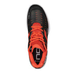 Top view of Nox AT10 Pro Calat10blre Black showing breathable red mesh tongue and Ortholite insole for comfort and support during padel matches.