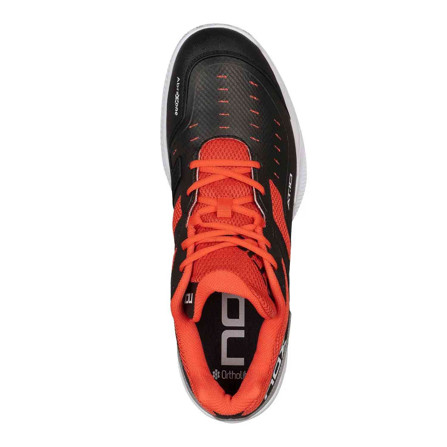 Top view of Nox AT10 Pro Calat10blre Black showing breathable red mesh tongue and Ortholite insole for comfort and support during padel matches.