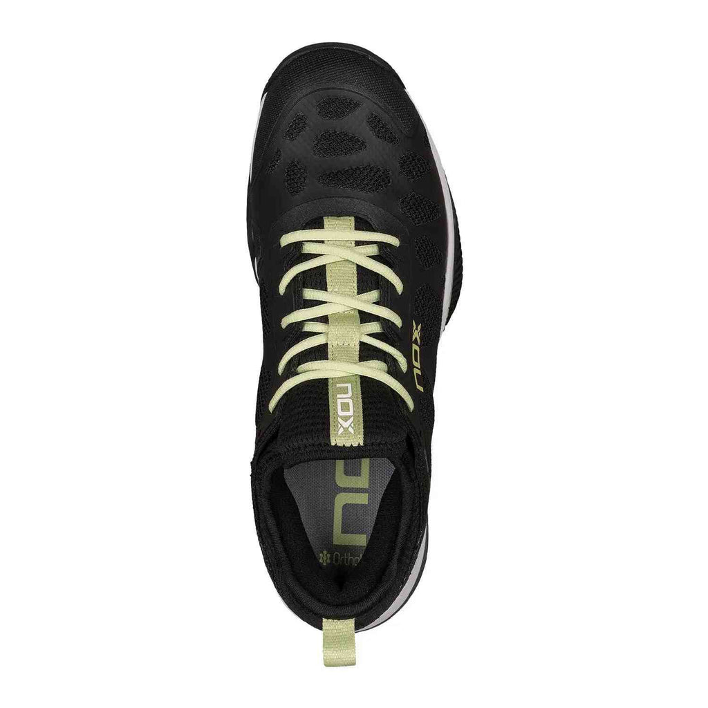 Top view of Nox Nerbo Caluxnerblsl black athletic shoe showing lace-up design and padded collar for enhanced foot support and fit.