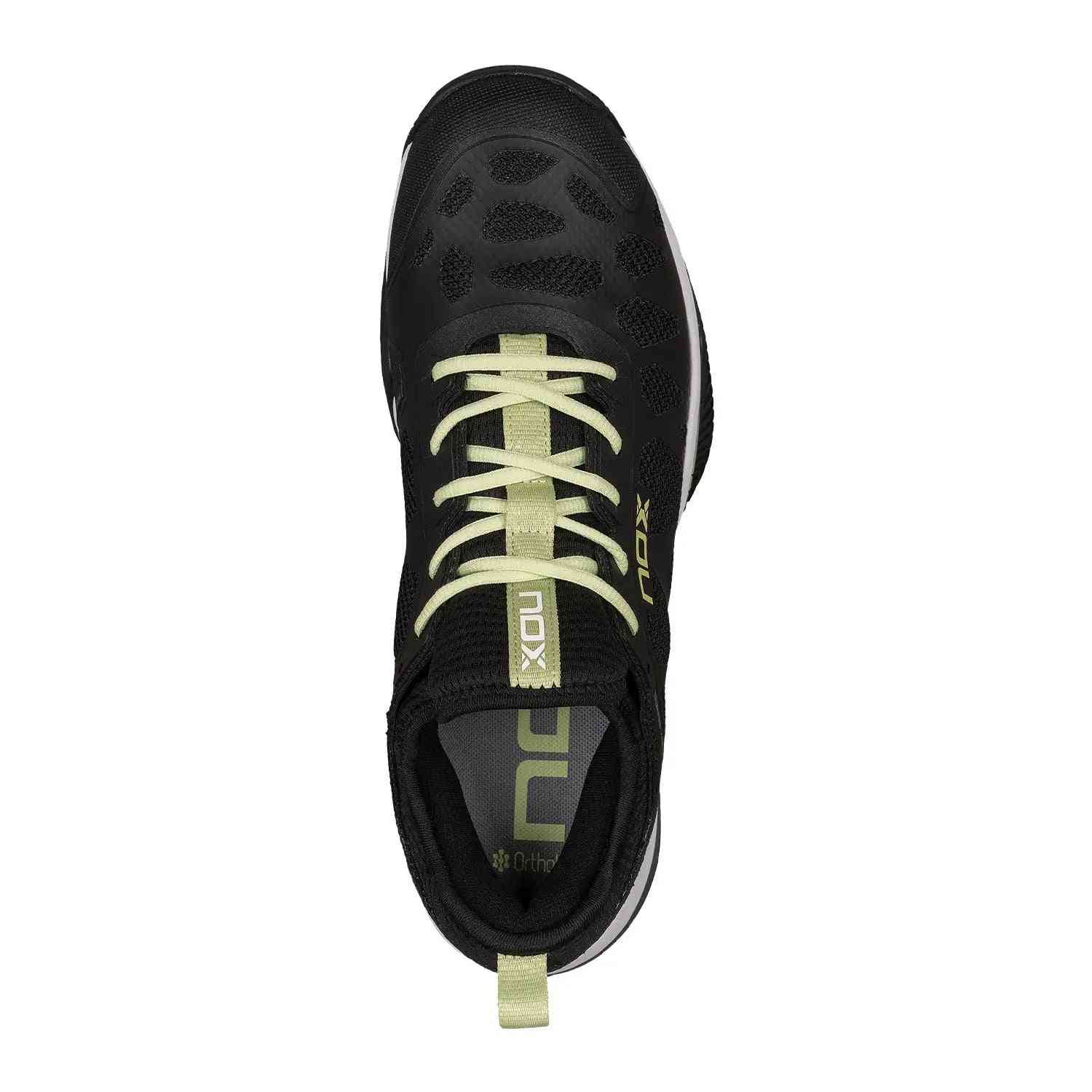 Top view of Nox Nerbo Caluxnerblsl black athletic shoe showing lace-up design and padded collar for enhanced foot support and fit.