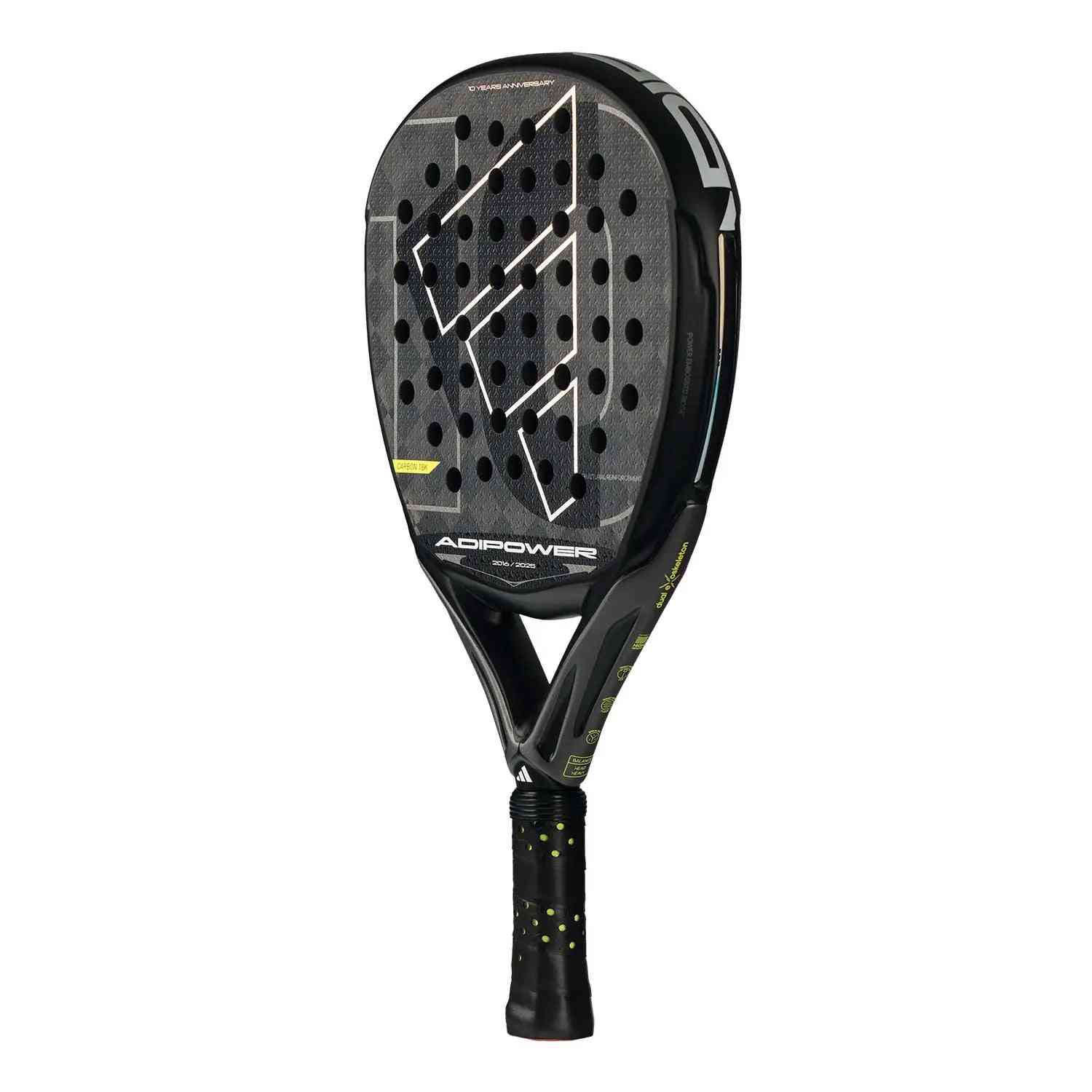 Side view of Adidas Adipower 10 Anniversary padel racket showing aerodynamic frame and textured surface for enhanced spin. Premium paddle for advanced players.
