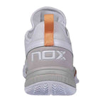 Rear view of Nox Lux Nerbo White Coral Caluxnerwhcor shoe featuring NOX branding and coral pull tab for easy wear and ankle support.
