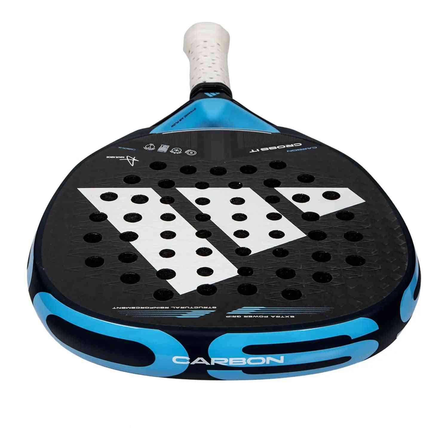 Bottom angle of Adidas Cross It Carbon Blue by Maxi Arce paddle highlighting carbon structure and reinforced throat design.