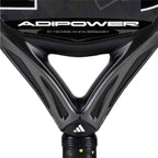 Close-up of Adidas Adipower 10 Anniversary throat area with bold branding and 10 Years Anniversary engraving. High-performance paddle for padel enthusiasts.