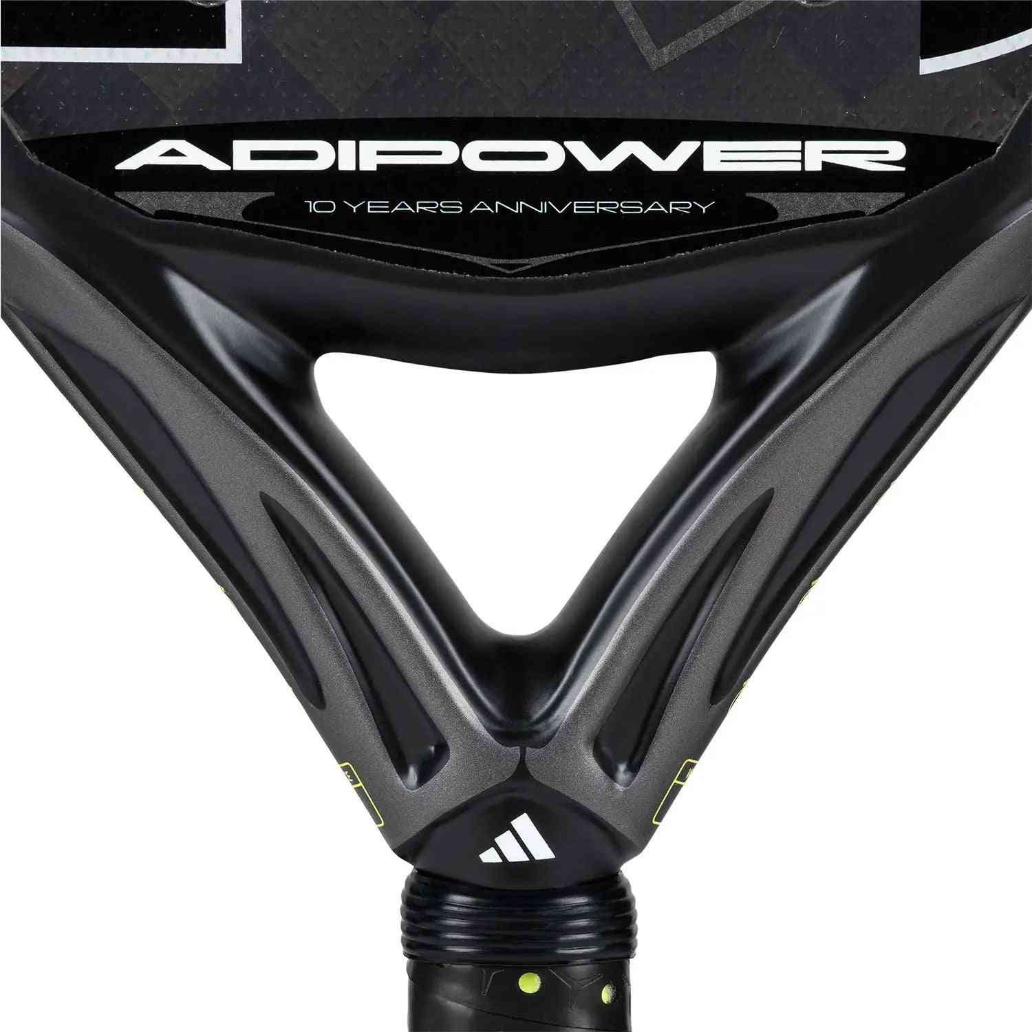 Close-up of Adidas Adipower 10 Anniversary throat area with bold branding and 10 Years Anniversary engraving. High-performance paddle for padel enthusiasts.