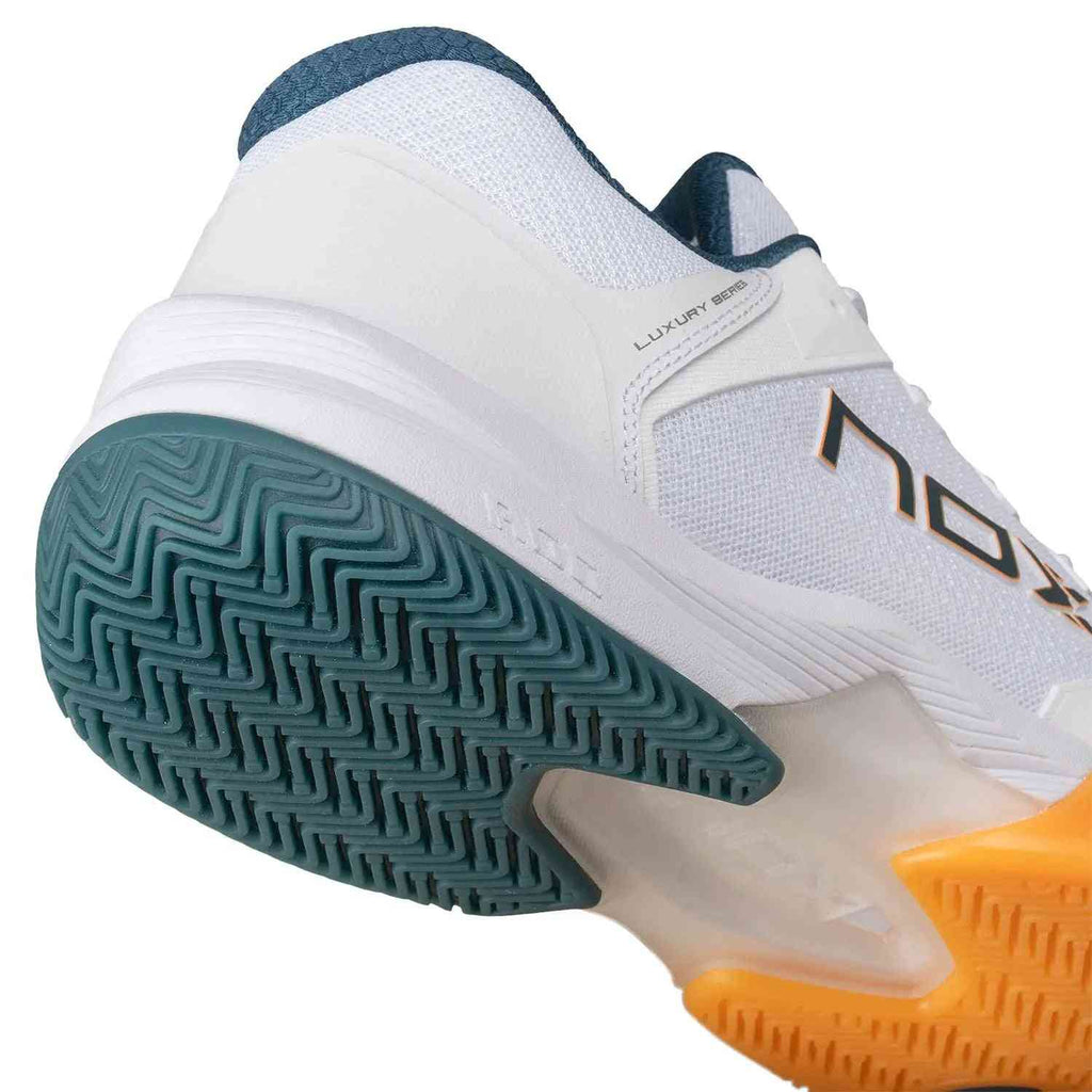 Close-up of Nox ML10 Hexa Calmlhexwhap White heel and sole showing durable tread pattern and lateral support for intense padel play.