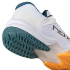 Close-up of Nox ML10 Hexa Calmlhexwhap White heel and sole showing durable tread pattern and lateral support for intense padel play.