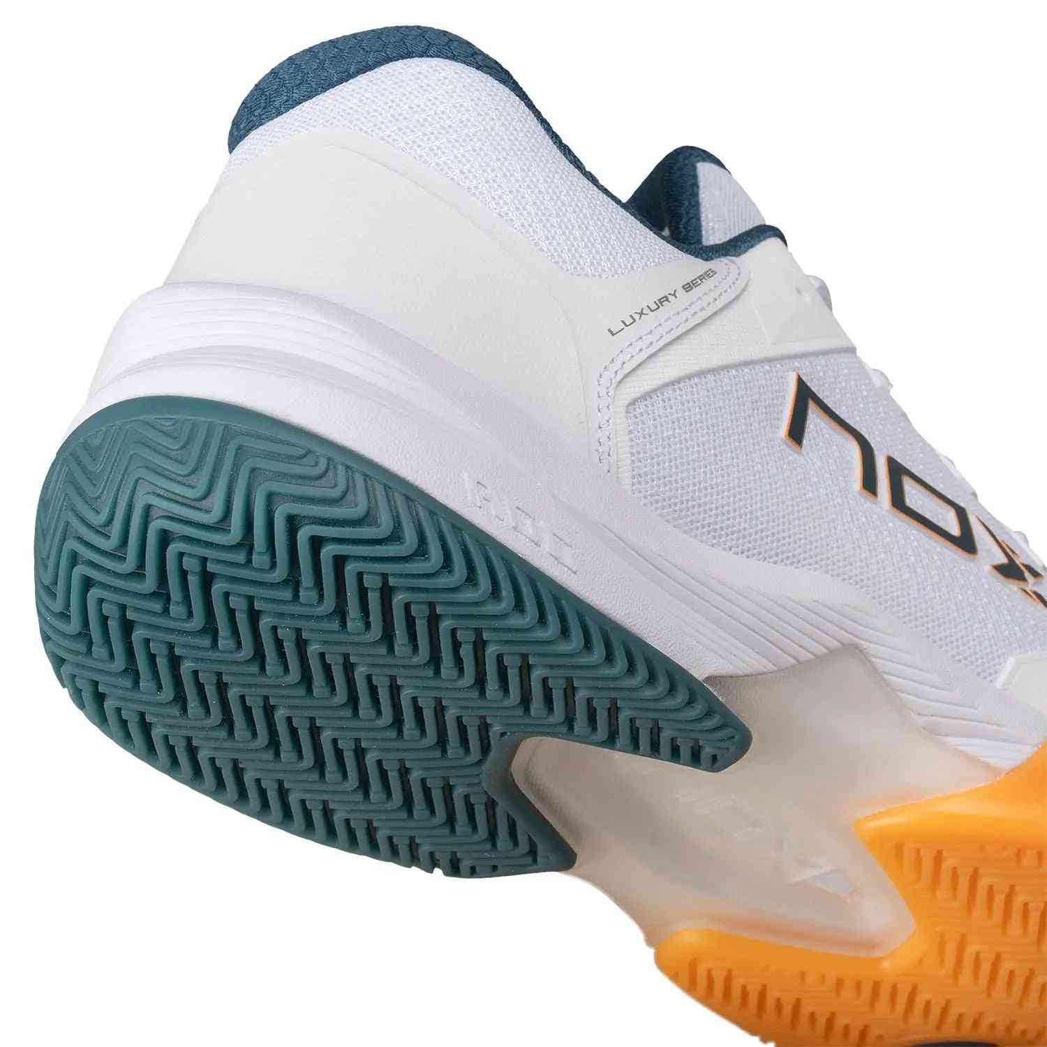 Close-up of Nox ML10 Hexa Calmlhexwhap White heel and sole showing durable tread pattern and lateral support for intense padel play.