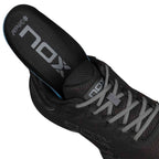 Close-up of Nox ML10 Hexa Calmlhexblgs Black shoe with Ortholite insole partially removed, showcasing premium comfort and support technology.