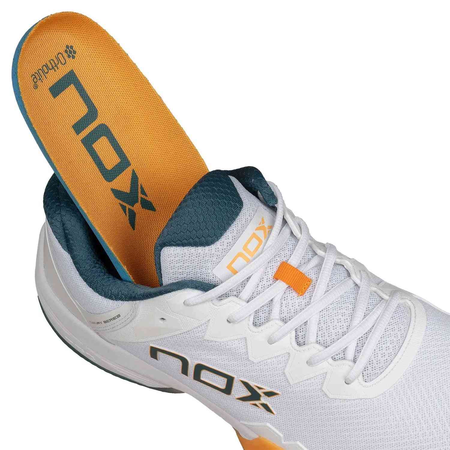 Top view of Nox ML10 Hexa Calmlhexwhap White with Ortholite insole removed, highlighting cushioned interior and breathable design for comfort.