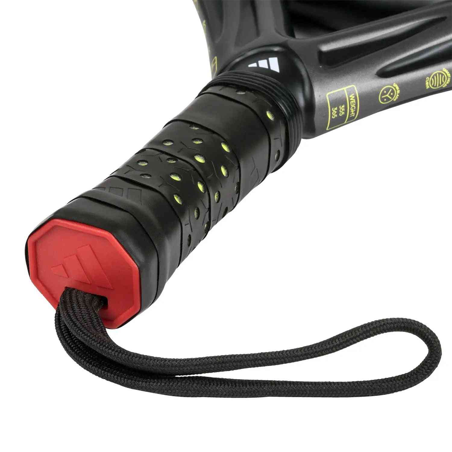 Detailed view of Adidas Adipower 10 Anniversary handle with ergonomic grip and wrist strap for secure play. Designed for comfort and control in padel matches.