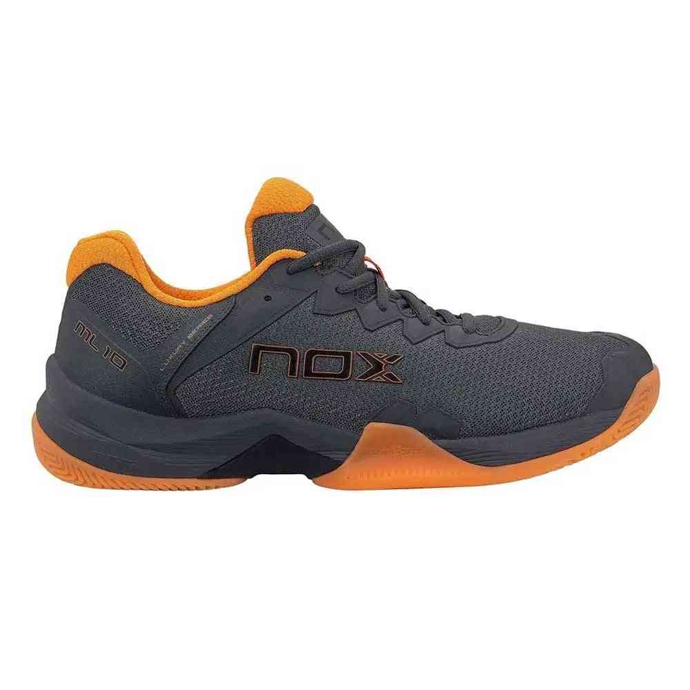 Nox ML10 Hexa Calmlhexoran Grey athletic shoe with breathable mesh upper and orange outsole, ideal for padel performance and grip.