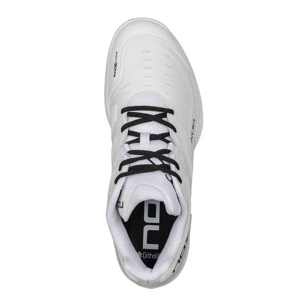Top view of Nox AT10 Pro Calat10white White padel shoe showing Ortholite insole and ergonomic lace design for enhanced foot stability.