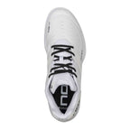 Top view of Nox AT10 Pro Calat10white White padel shoe showing Ortholite insole and ergonomic lace design for enhanced foot stability.