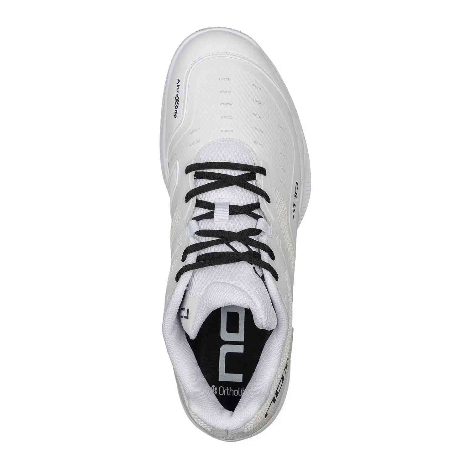 Top view of Nox AT10 Pro Calat10white White padel shoe showing Ortholite insole and ergonomic lace design for enhanced foot stability.