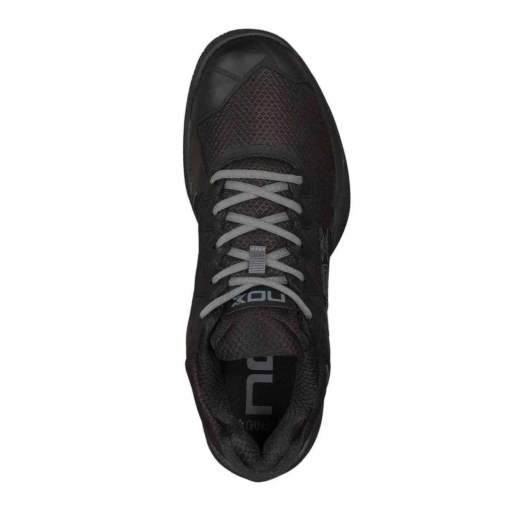 Top view of Nox ML10 Hexa Calmlhexblgs Black padel shoe showing lace-up design and cushioned tongue for enhanced comfort and fit.