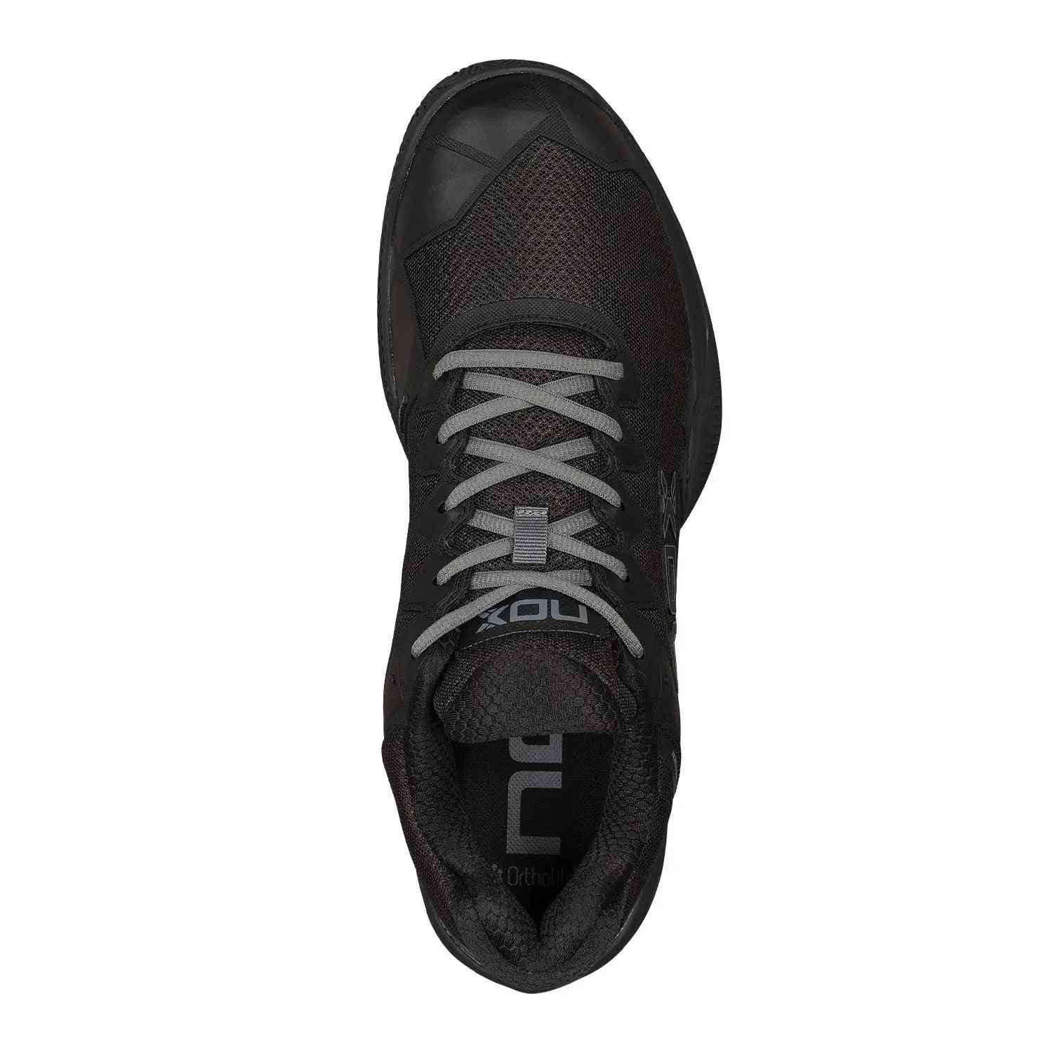 Top view of Nox ML10 Hexa Calmlhexblgs Black padel shoe showing lace-up design and cushioned tongue for enhanced comfort and fit.