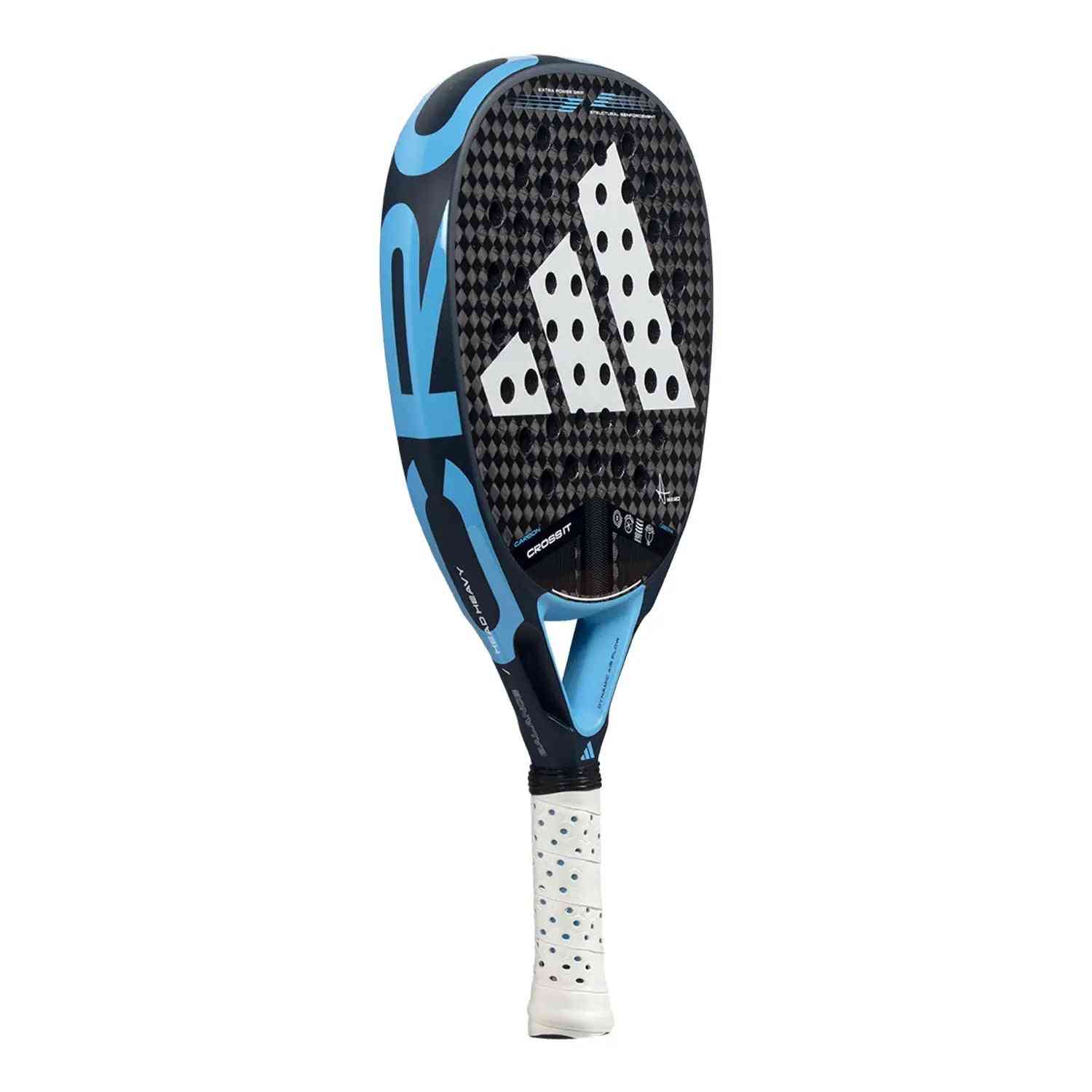 Side view of Adidas Cross It Carbon Blue by Maxi Arce padel racket showing aerodynamic frame and bold carbon fiber finish.