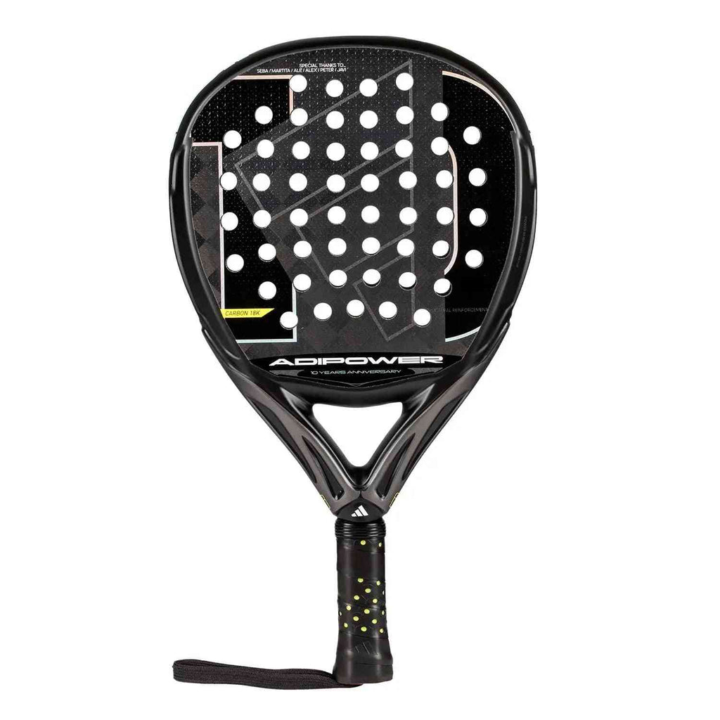 Adidas Adipower 10 Anniversary padel racket with round head shape and perforated carbon face, ideal for control and power. Available at Ace Padel Store.