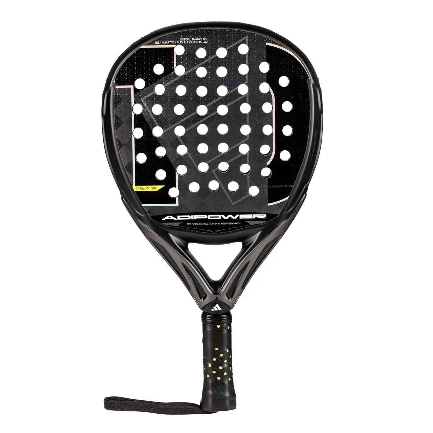 Adidas Adipower 10 Anniversary padel racket with round head shape and perforated carbon face, ideal for control and power. Available at Ace Padel Store.
