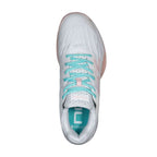 Top view of Nox AT10 Lux Calatluxwhpo White Women's shoe showing cushioned tongue, turquoise laces, and Ortholite insole for comfort and support.