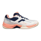 Nox AT10 Pro Calat10gati Coral Women's athletic shoe in white, coral, and navy, designed for padel performance and comfort.