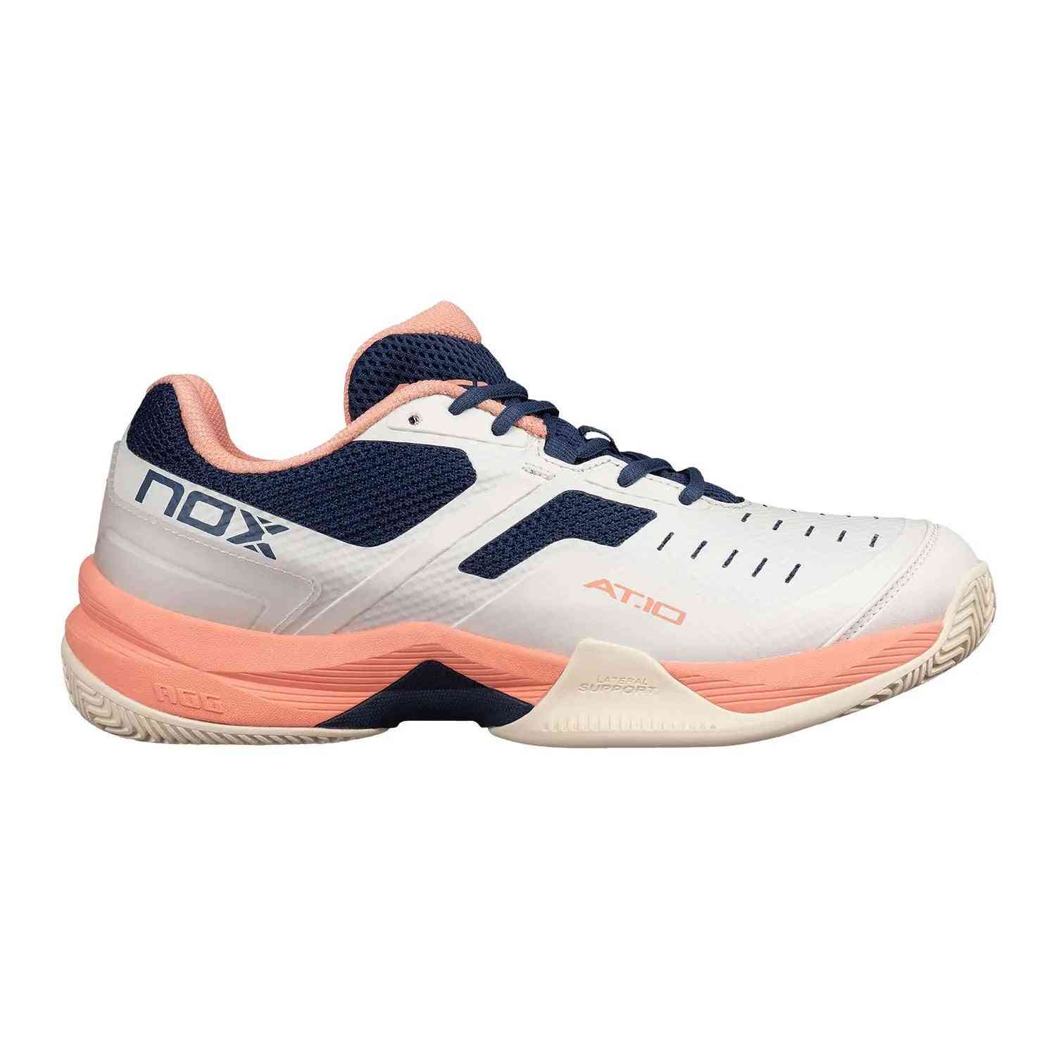 Nox AT10 Pro Calat10gati Coral Women's athletic shoe in white, coral, and navy, designed for padel performance and comfort.