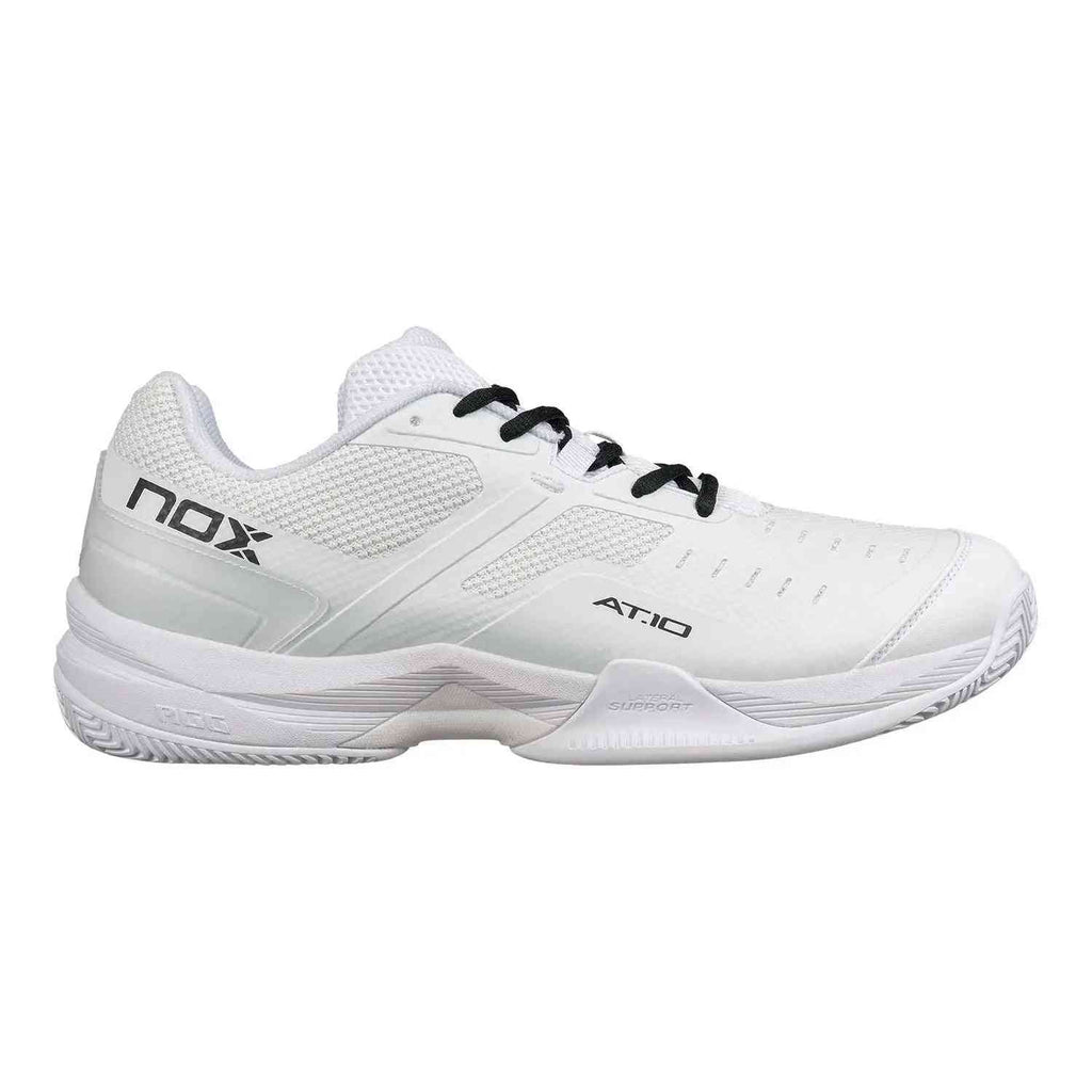 Nox AT10 Pro Calat10white White athletic shoe with breathable mesh upper and black laces, ideal for padel players seeking comfort and support.