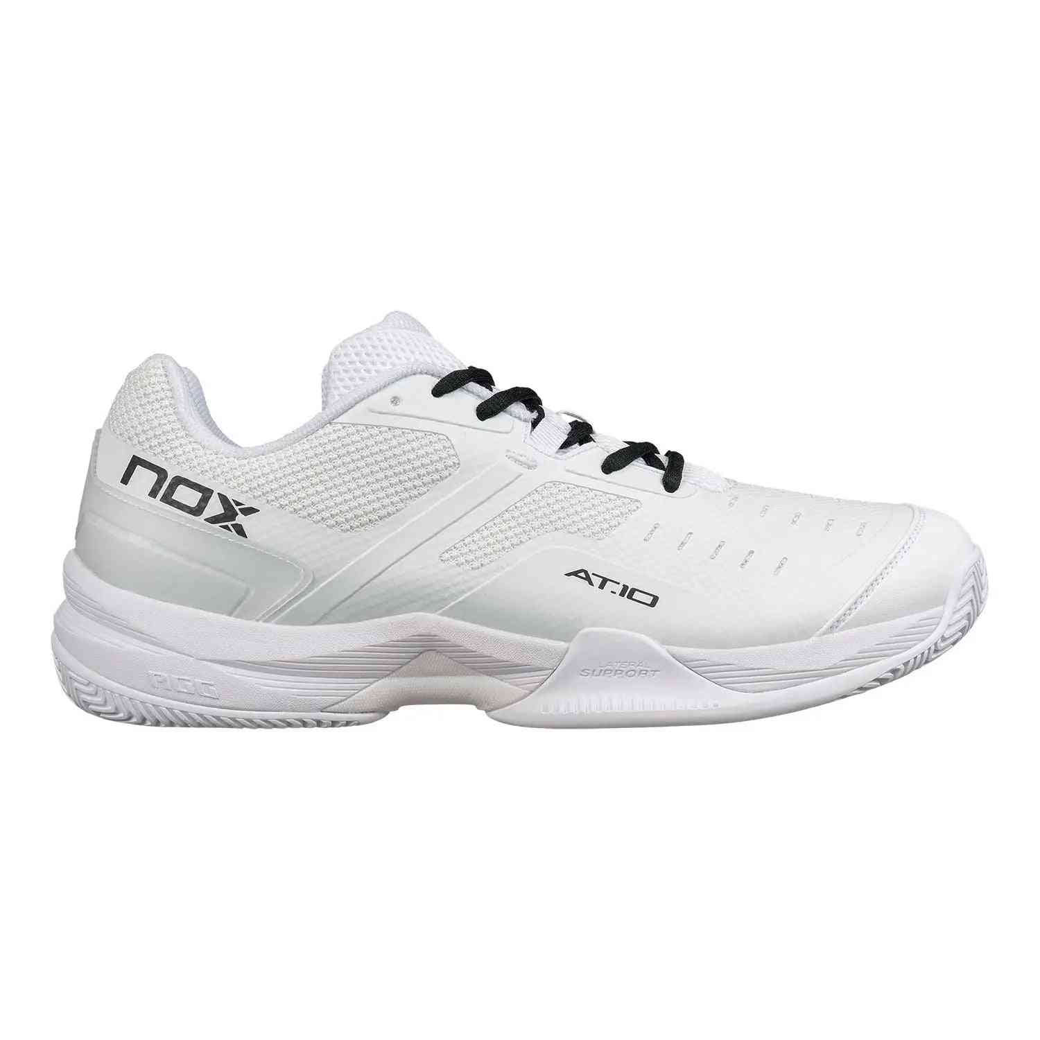 Nox AT10 Pro Calat10white White athletic shoe with breathable mesh upper and black laces, ideal for padel players seeking comfort and support.