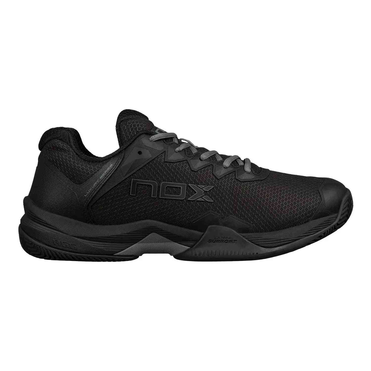 Nox ML10 Hexa Calmlhexblgs Black athletic shoe with breathable mesh upper and reinforced sole for padel performance. Available at Ace Padel Store.