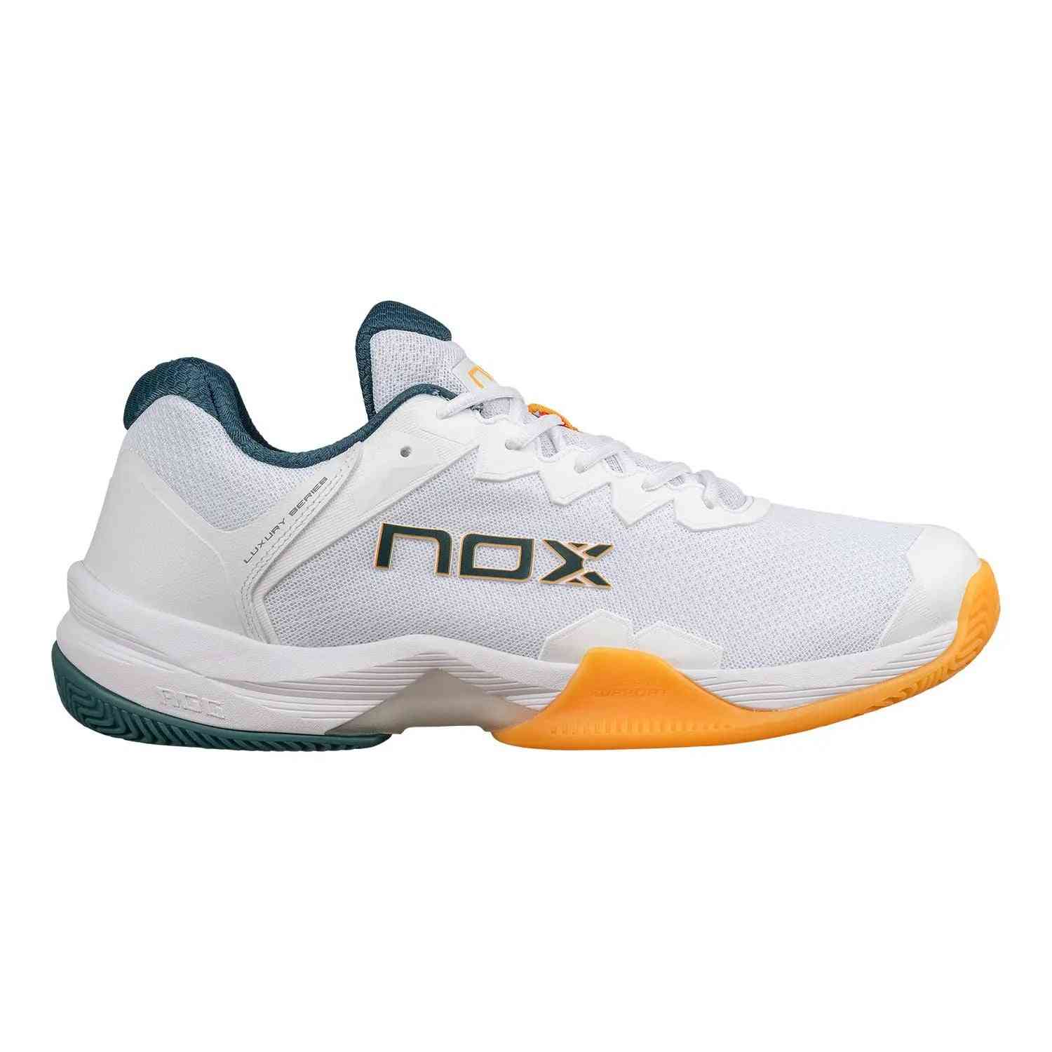 Nox ML10 Hexa Calmlhexwhap White athletic shoe with breathable mesh upper and orange sole, ideal for padel performance and comfort.