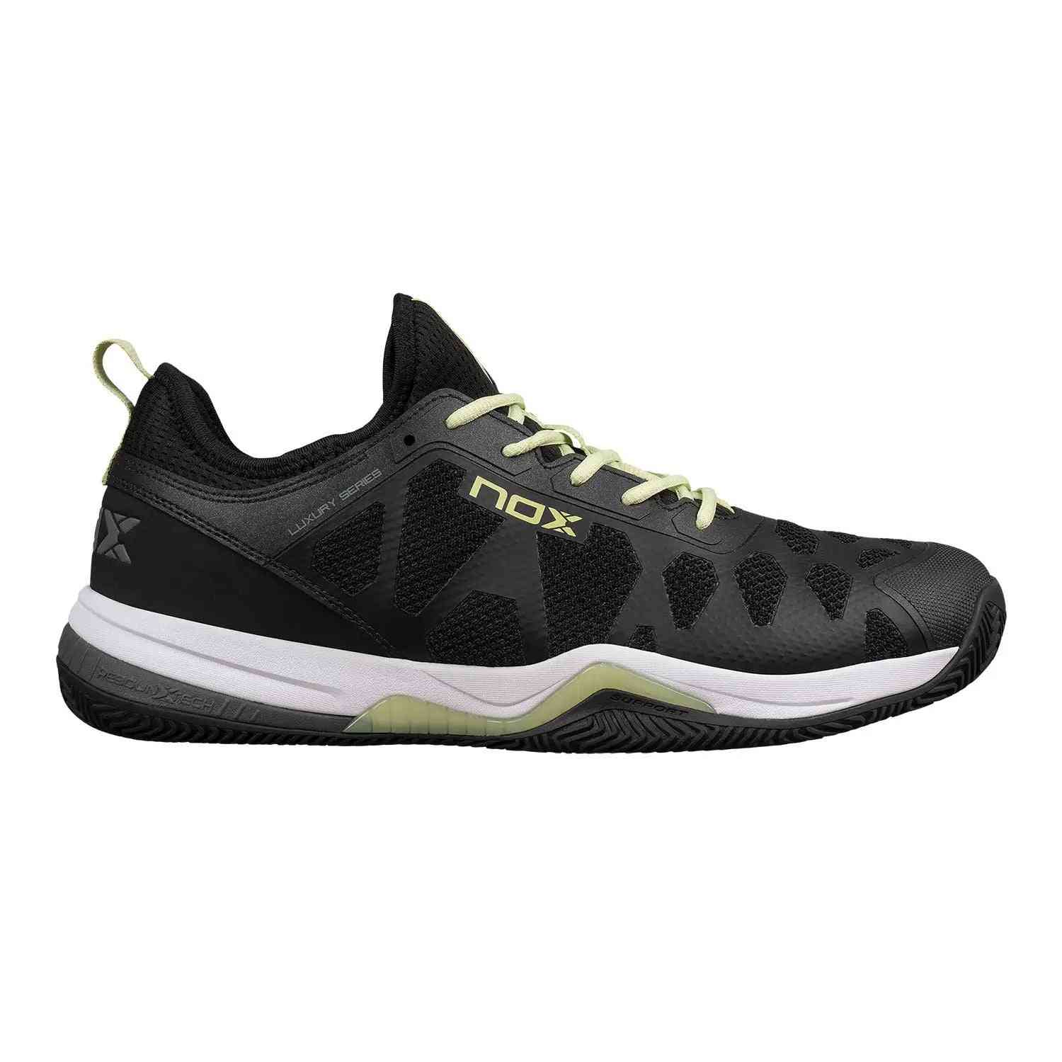 Nox Nerbo Caluxnerblsl black athletic shoe with breathable mesh upper and reinforced sole for superior traction on all court surfaces.