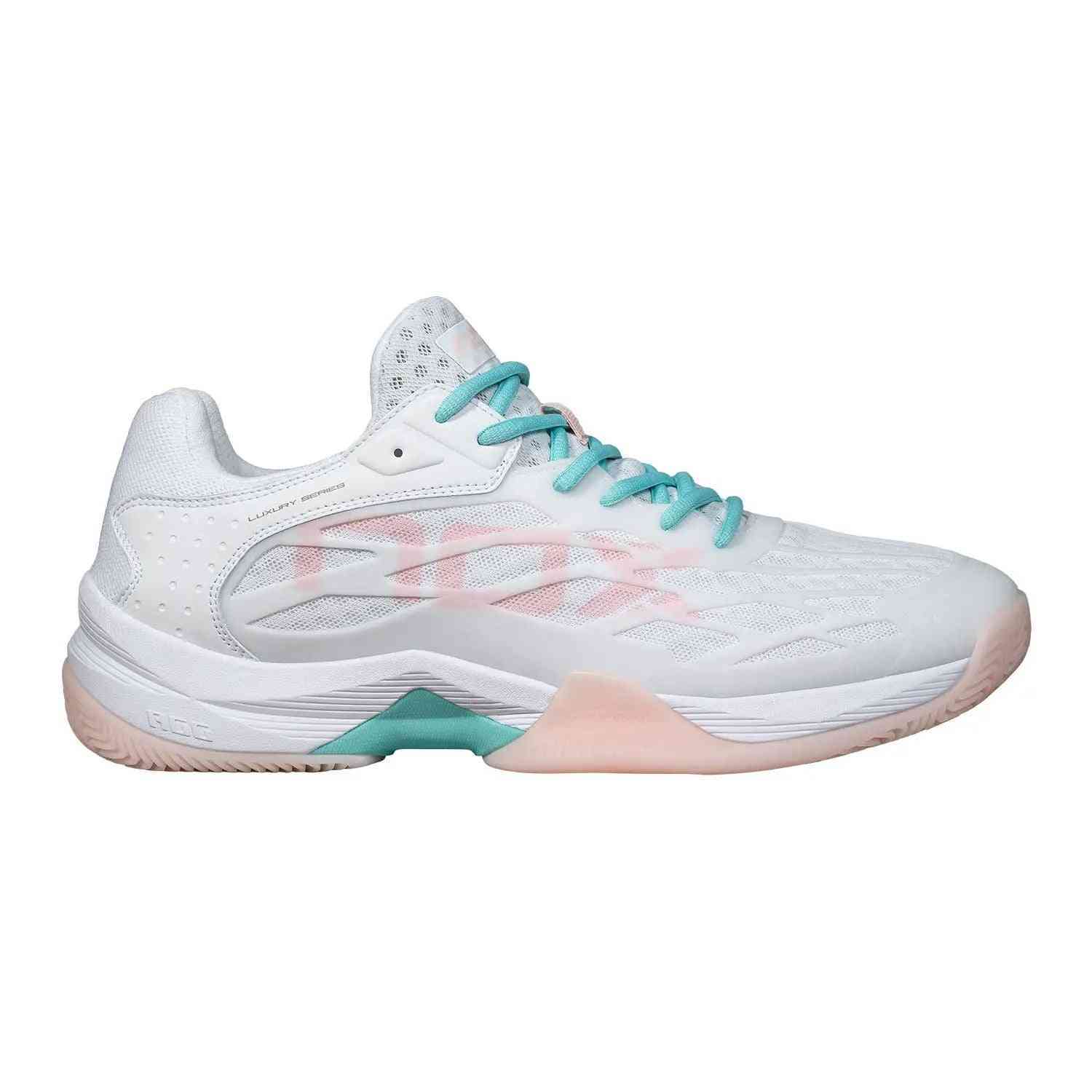 Nox AT10 Lux Calatluxwhpo White Women's athletic shoe with breathable mesh upper, pastel pink sole, and turquoise laces for padel performance.