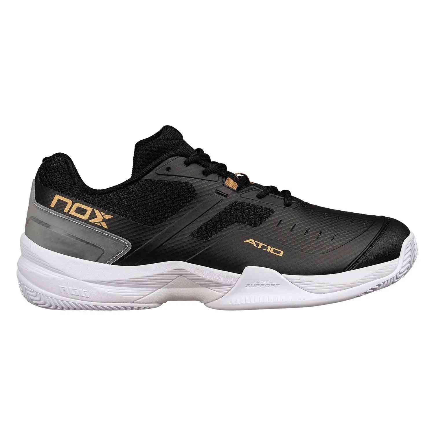 Nox AT10 Pro Calat10blgo Oro athletic shoe in black with gold accents, designed for padel performance and stability. Available at Ace Padel Store.
