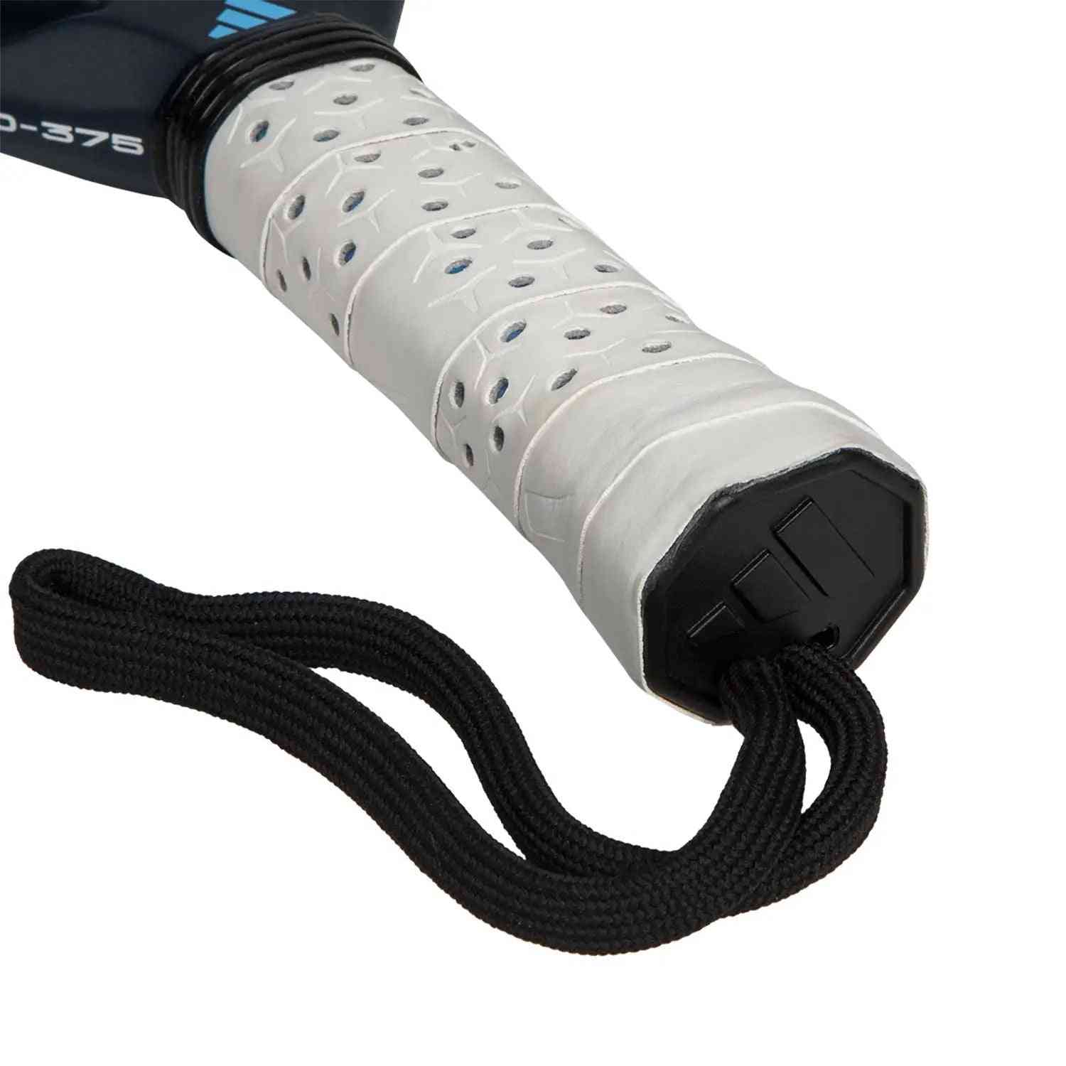 Handle of Adidas Cross It Carbon Blue by Maxi Arce paddle featuring cushioned grip and wrist strap for secure gameplay.