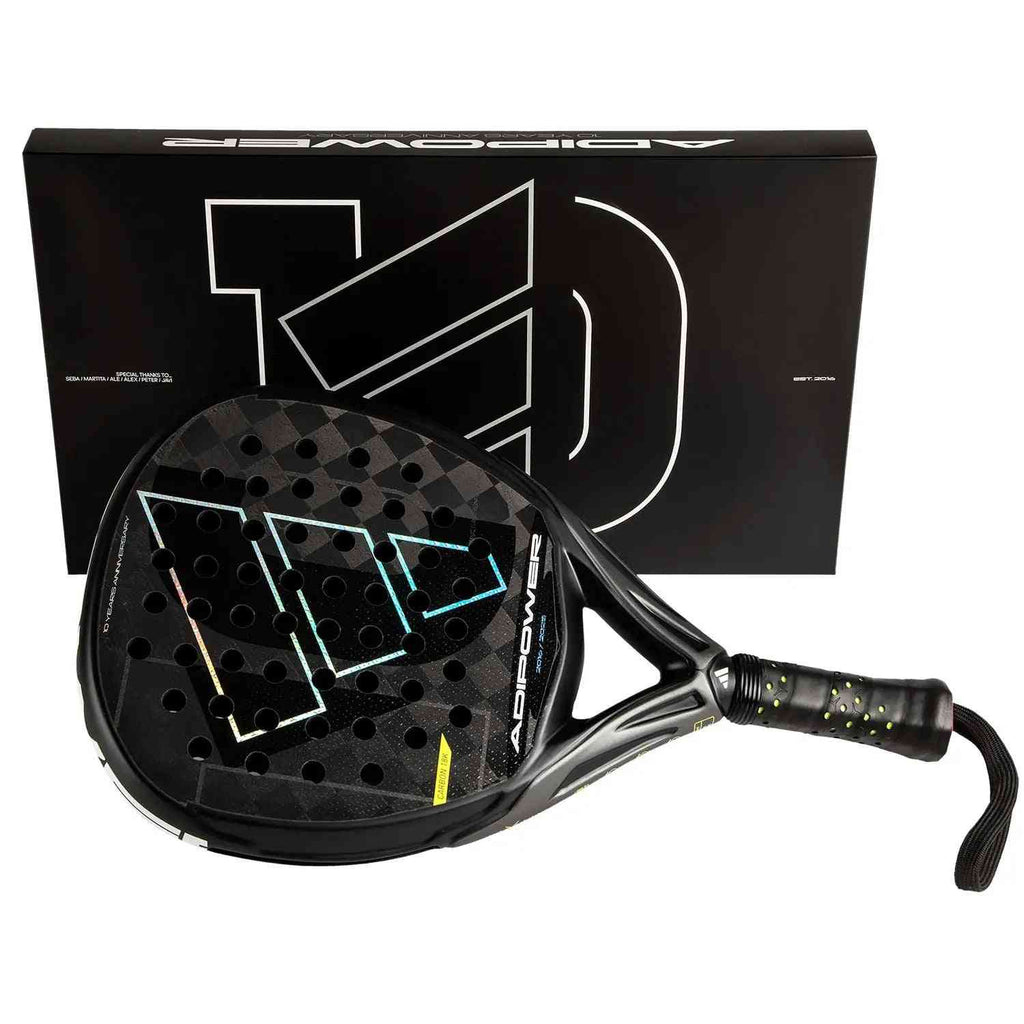 Adidas Adipower 10 Anniversary padel racket displayed with branded box, highlighting sleek design and collector’s edition packaging. Shop at Ace Padel Store.